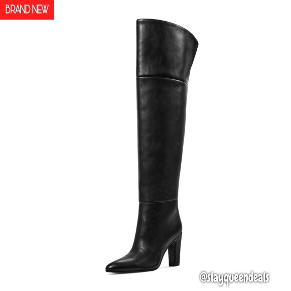 Thigh High Boots with Chunky Heel Side Zipper Wide Calf Design